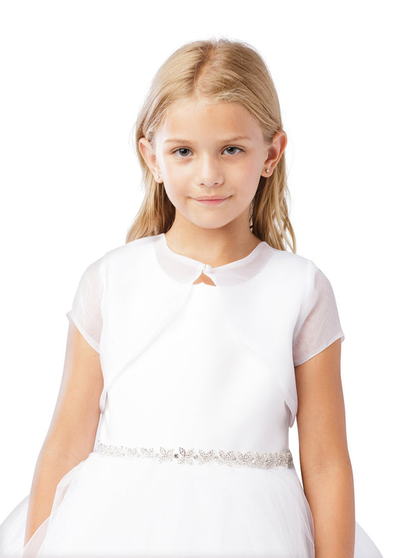 Big Girls White Short Sleeved Button Closure Organza Bolero Jacket 8-14 - SophiasStyle.com